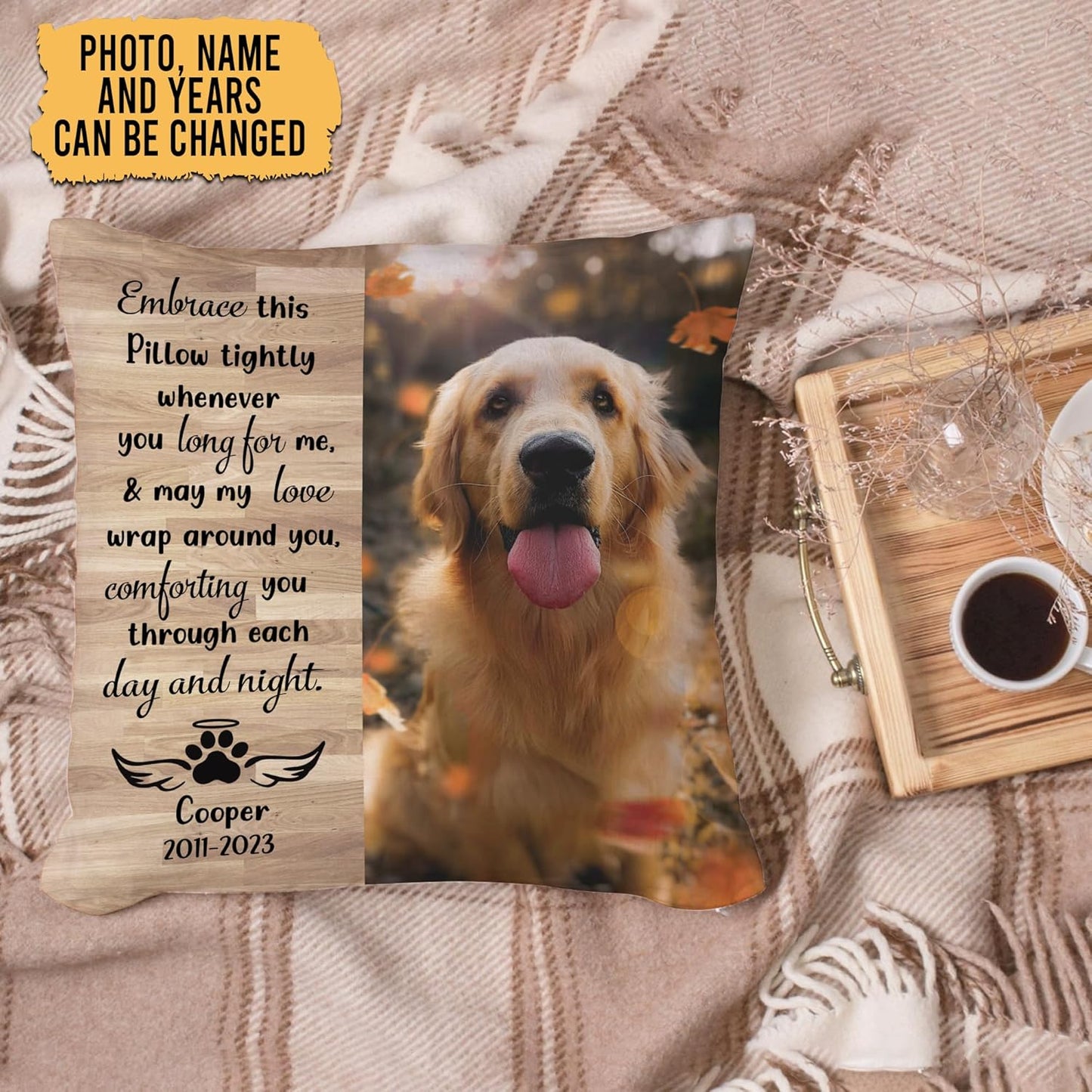 Woodgrain Pet Memorial Personalized Pillow with Insert – Custom Name Dog Remembrance Cushion – Healing Gift for Pet Loss and Comfort