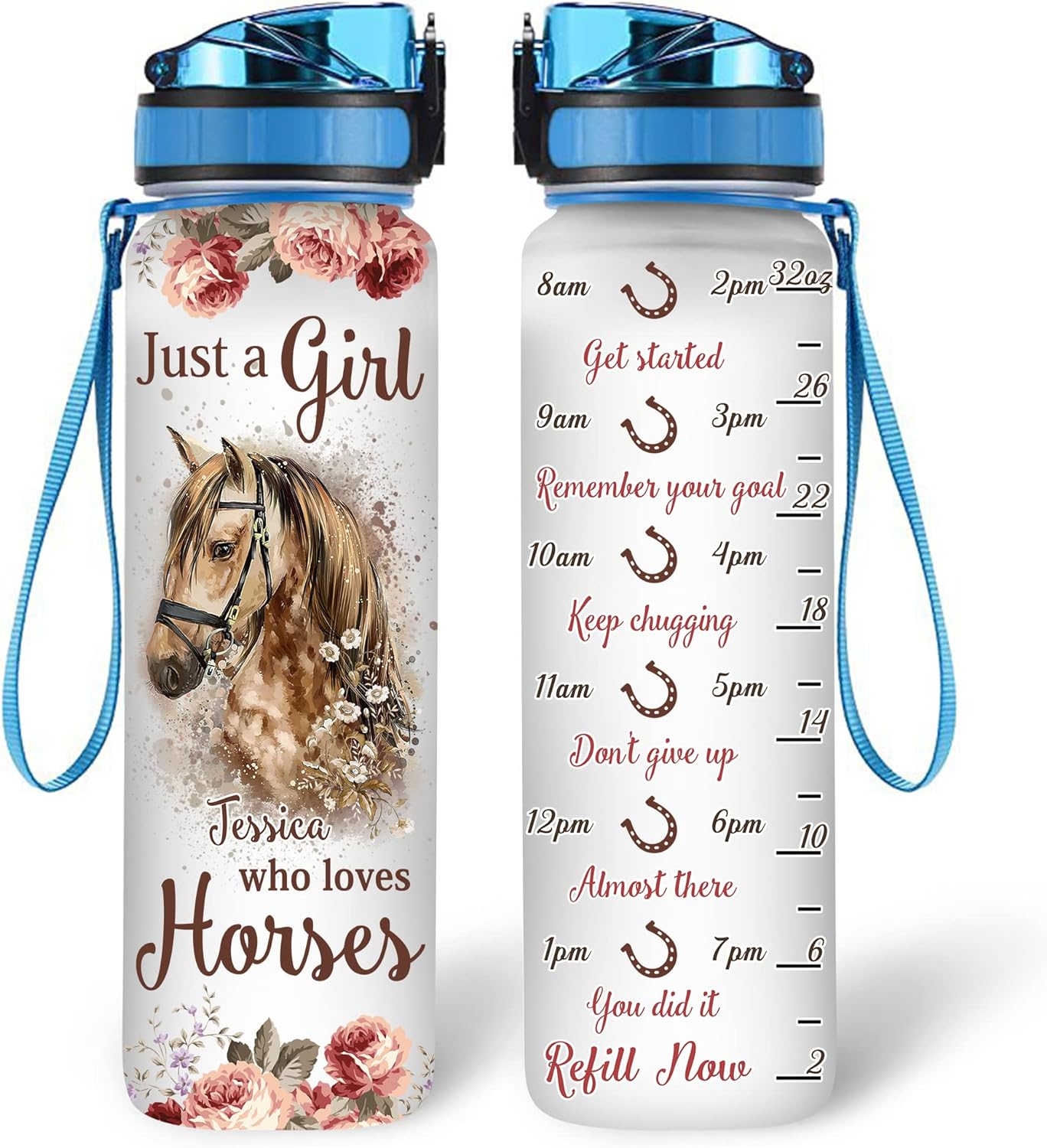 Horse Lover Water Bottle Tracker 32oz – Personalized Birthday Gift for Women & Girls Who Love Horses