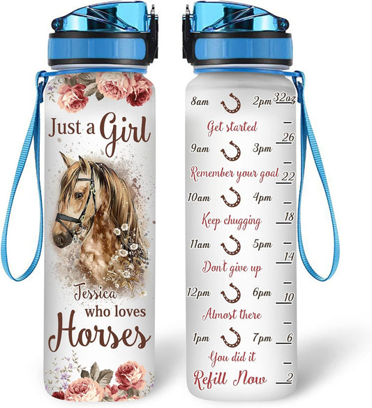 Horse Lover Water Bottle Tracker 32oz – Personalized Birthday Gift for Women & Girls Who Love Horses