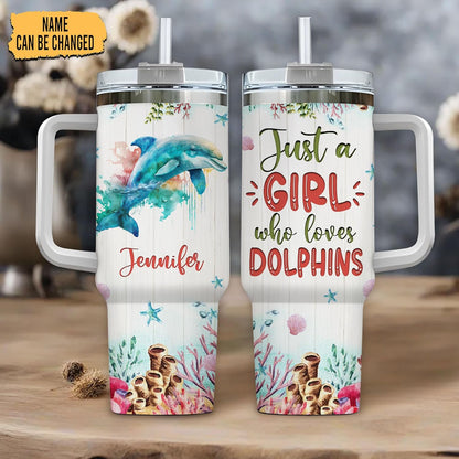 Watercolor Dolphin 40oz Tumbler with Handle & Straw – Personalized Stainless Steel Insulated Travel Cup with Lid – Unique Gift for Ocean Lovers