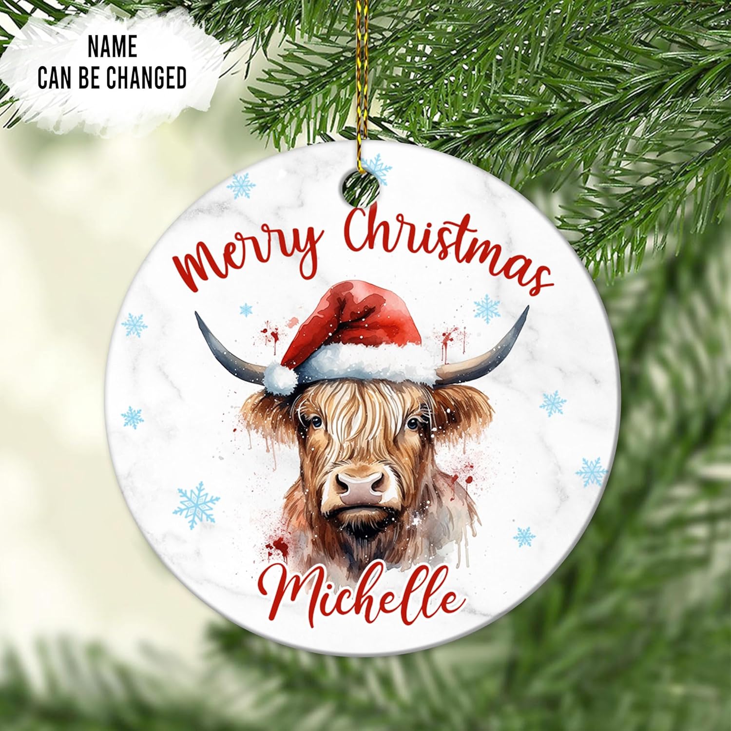 Highland Cow Christmas Ceramic Ornament  Personalized Holiday Decoration with Custom Name  Unique Farm Animal Lover Gift