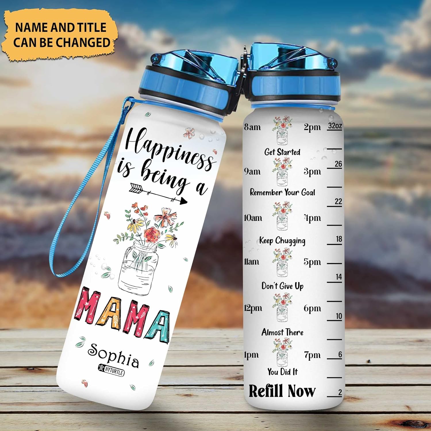 Happiness Is Being A Mama - Personalized Water Tracker Bottle 32oz