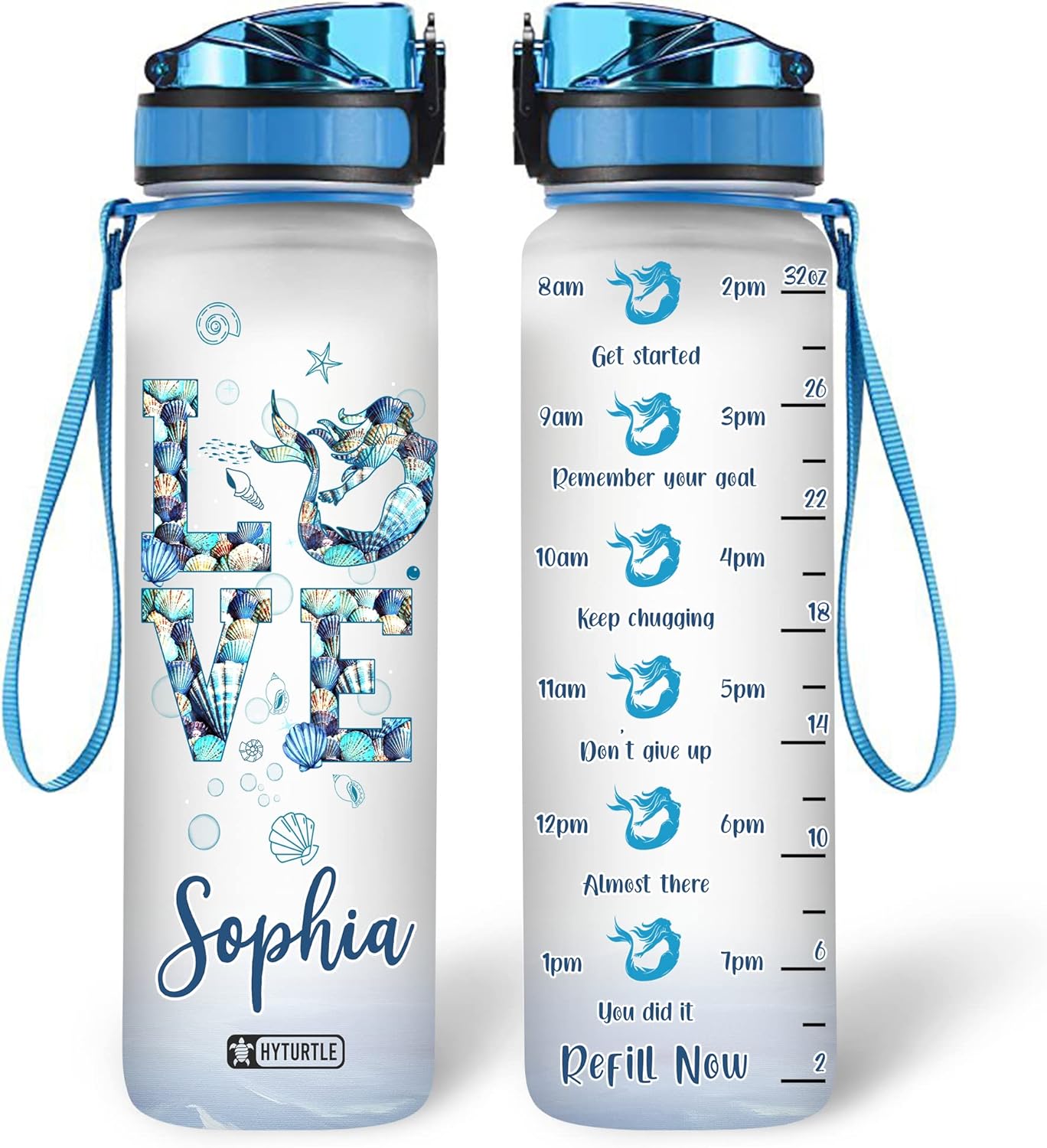 Love Mermaid Water Bottle Tracker 32oz – Personalized Hydration Bottle with Time Marker – Gift for Ocean & Mermaid Lovers
