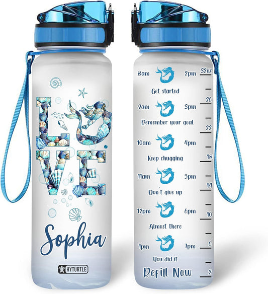 Love Mermaid Water Bottle Tracker 32oz – Personalized Hydration Bottle with Time Marker – Gift for Ocean & Mermaid Lovers
