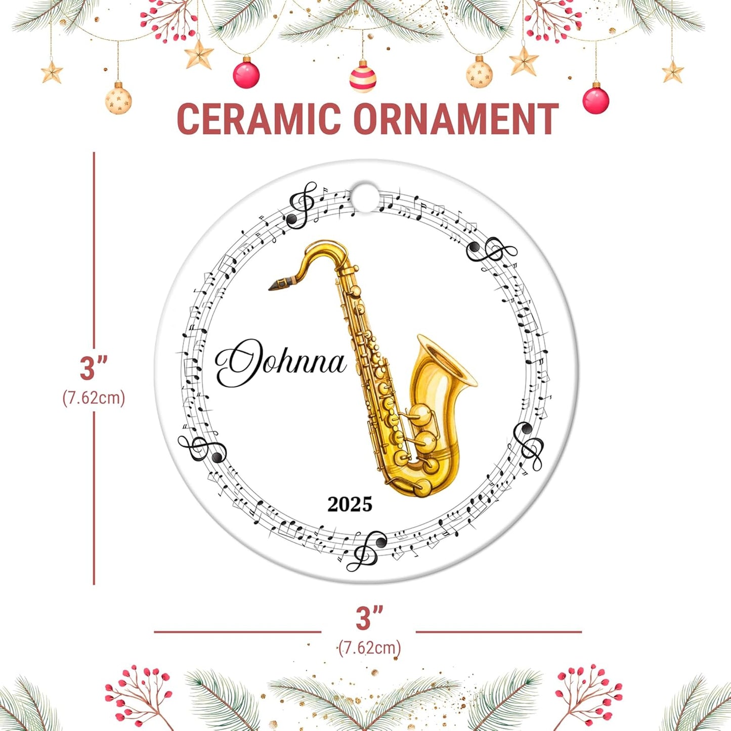 Saxophone with Music Notes Ceramic Ornament – Personalized Name, Custom Christmas Gift for Saxophonist, Band Member or Jazz Lover
