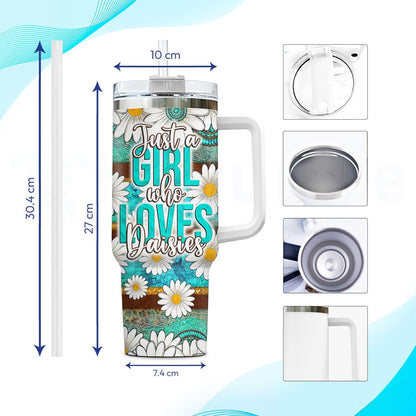 Rustic Daisy Tumbler 40oz with Handle & Straw – Personalized Stainless Steel Insulated Travel Cup with Lid – Unique Floral Gift for Women & Girls