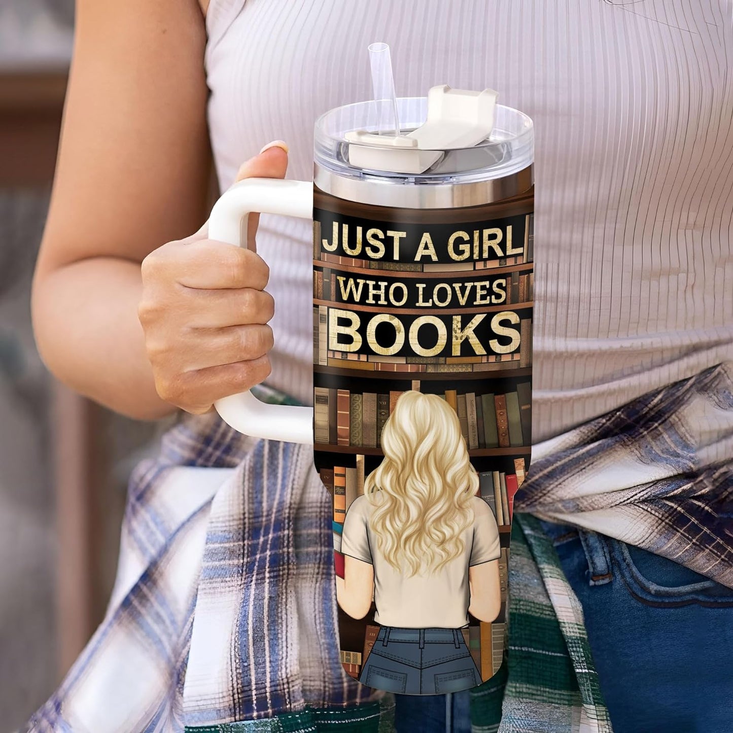 Book Lover Library Tumbler 40oz with Handle & Straw – Personalized Stainless Steel Insulated Travel Cup with Lid – Creative Gift for Readers