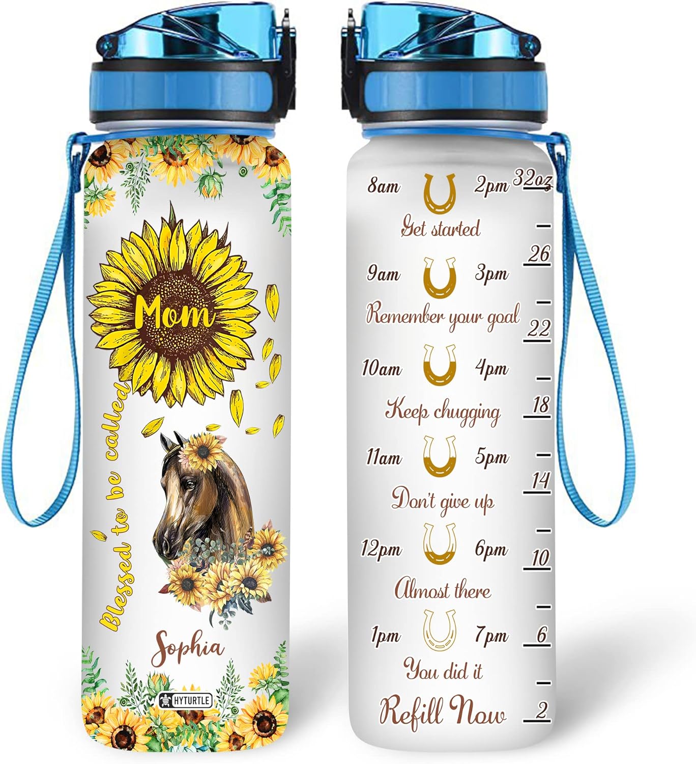 Blessed To Be Called Horse Sunflower - Personalized Water Tracker Bottle 32oz