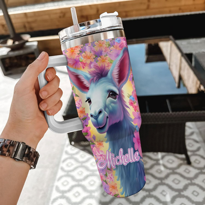Donkey Tumbler 40oz with Handle & Straw – Personalized Stainless Steel Cup with Lid – Cute Farm Animal Gift for Women & Kids