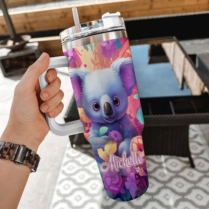 Koala Lover Tumbler 40oz with Handle & Straw – Personalized Stainless Steel Insulated Travel Cup with Lid – Cute Birthday Gift for Animal Lovers