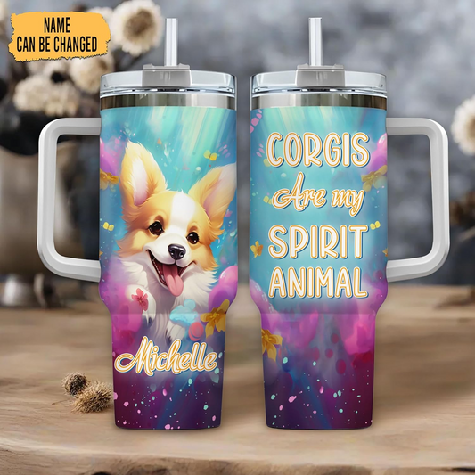 Corgi Spirit Animal Tumbler 40oz – Personalized Stainless Steel Insulated Cup with Handle & Straw – Cute Gift for Dog Lovers