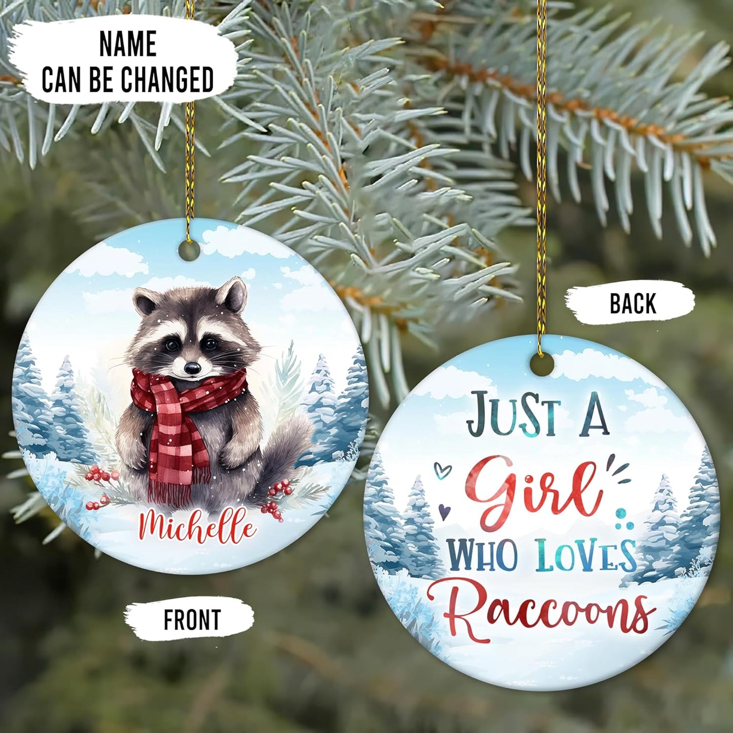 Winter Raccoon Scarf Ceramic Ornament – Personalized Name, Custom Christmas Gift for Women, Animal Lover or Woodland Cabin Decor