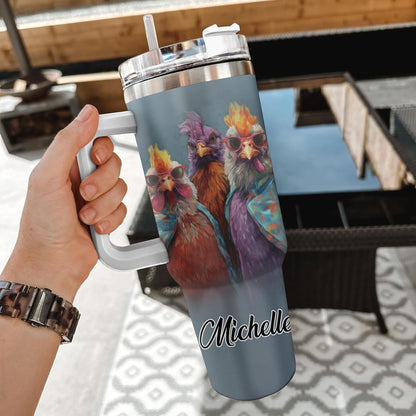 Funny Chicken Squad Tumbler 40oz with Handle & Straw – Personalized Stainless Steel Insulated Travel Cup with Lid – Creative Gift for Chicken Lovers