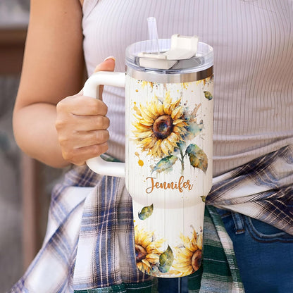 Watercolor Sunflower 40oz Tumbler with Handle & Straw – Personalized Stainless Steel Insulated Travel Cup with Lid – Stylish Floral Gift for Women
