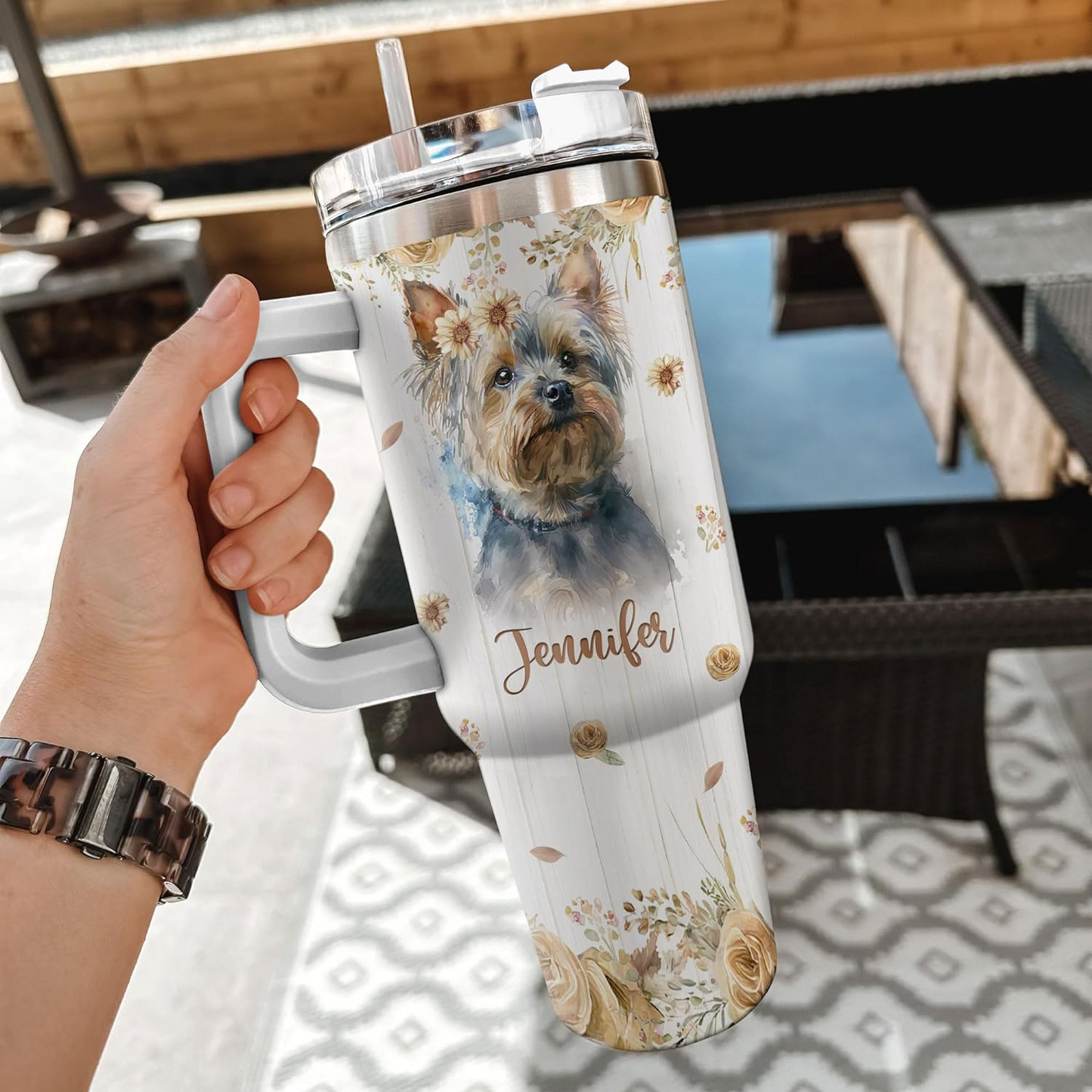Yorkshire Terrier Lover Tumbler 40oz with Handle & Straw – Personalized Stainless Steel Insulated Cup with Lid – Unique Gift for Dog Moms