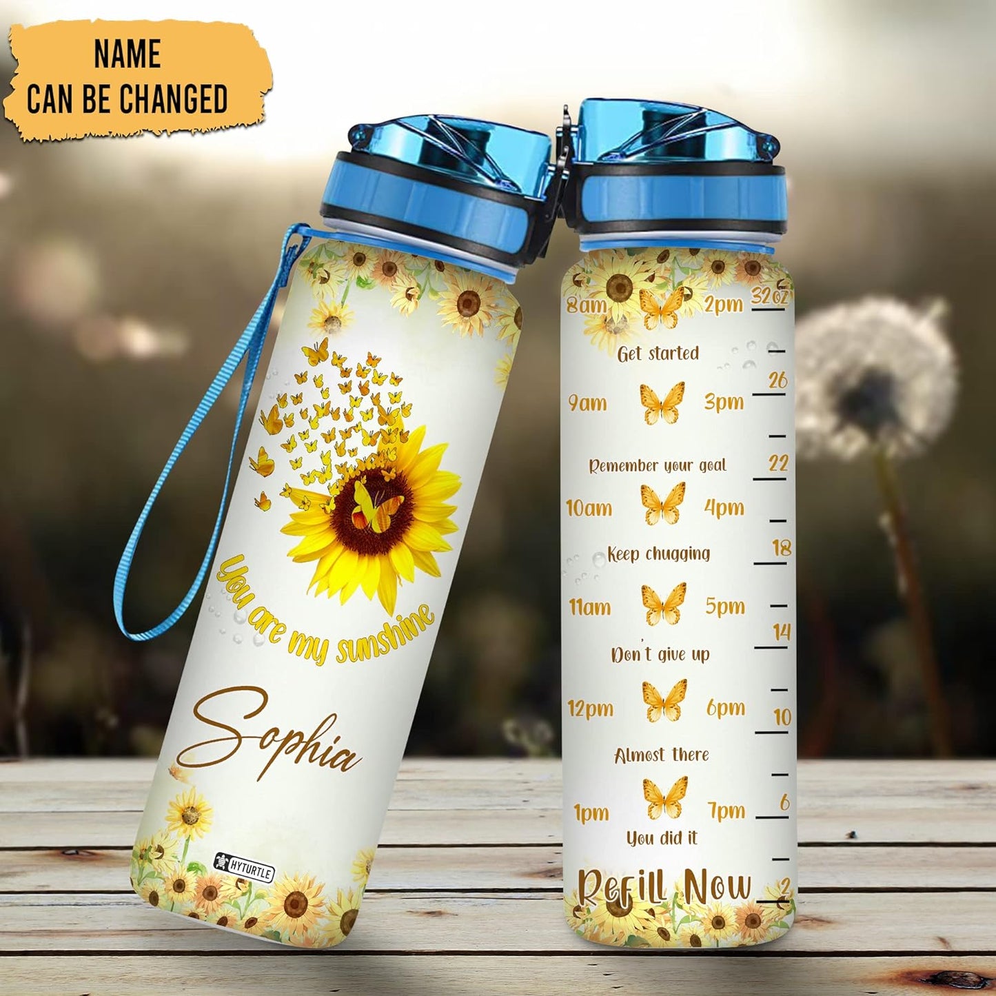 Sunflower Butterfly Water Bottle Tracker 32oz – Personalized Motivational Bottle with Time Marker – Thoughtful Gift for Women