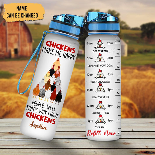 Chickens Make Me Happy Water Bottle Tracker 32oz – Personalized Funny Gift for Farm Animal Lovers & Women