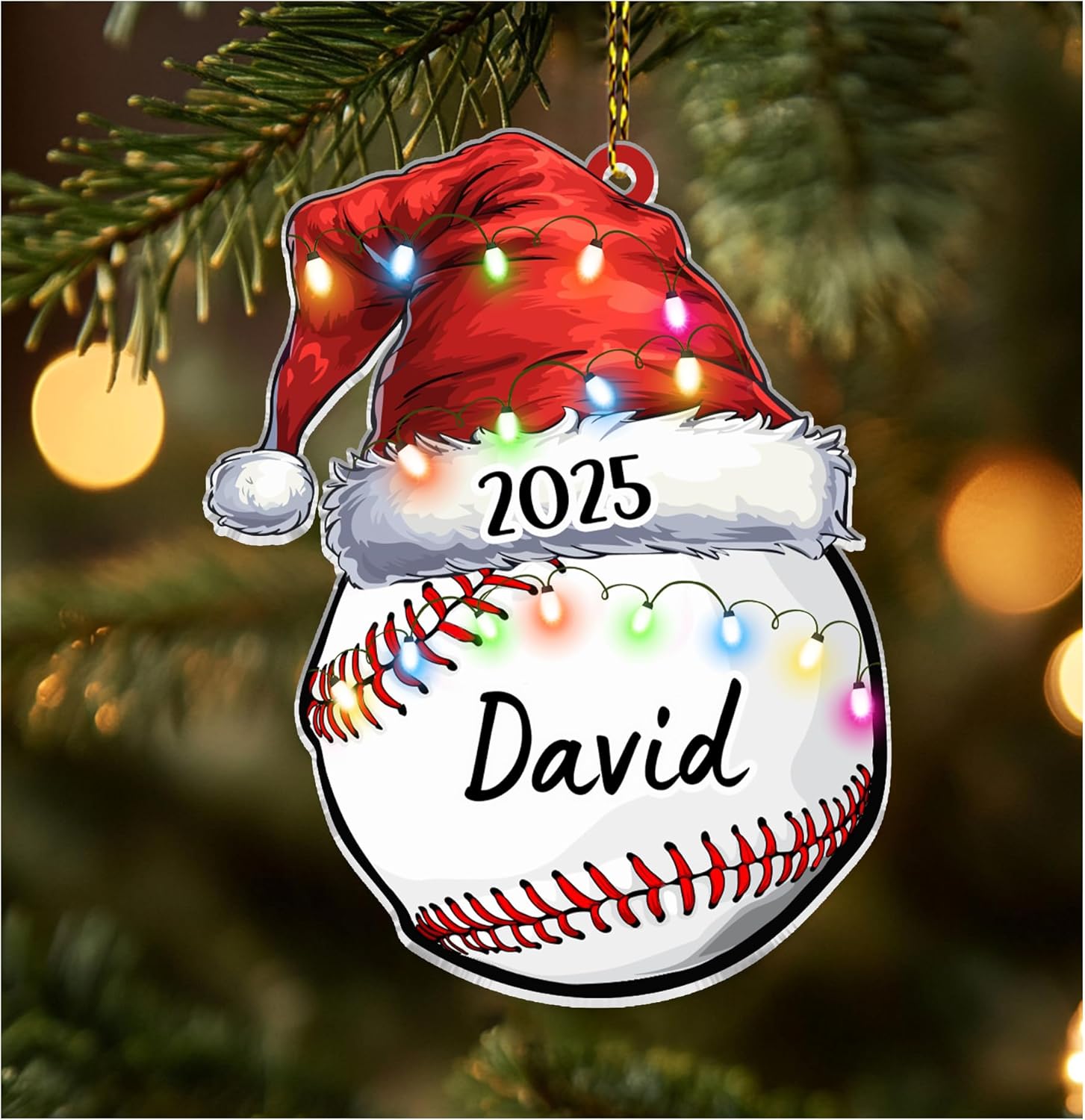 Baseball with Santa hat cut acrylic ornament – personalized 2D flat silhouette, custom name Christmas gift for player, coach, teammate or fan