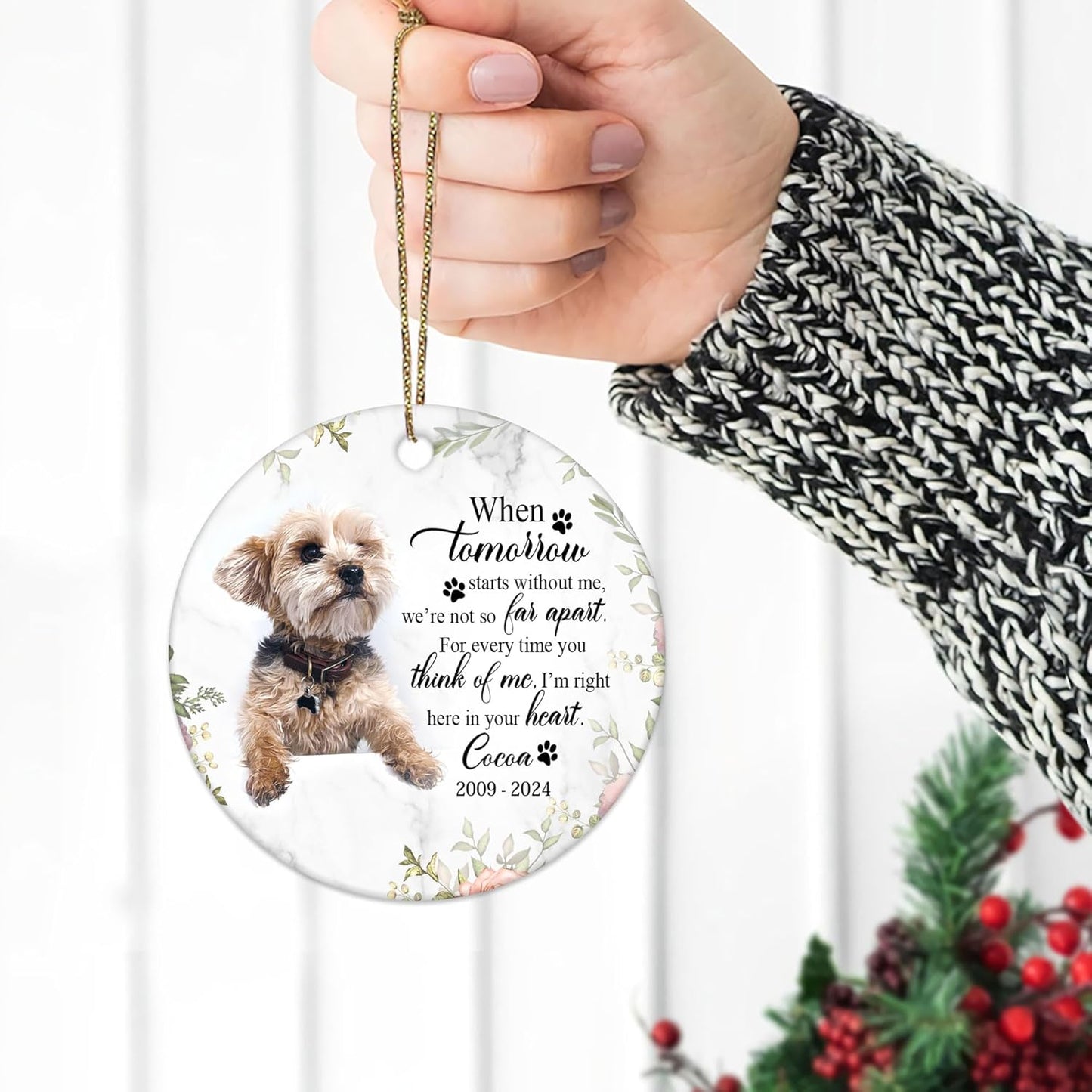 Dog Memorial Photo Ceramic Ornament – Personalized Custom Name Circle Keepsake, Sympathy Christmas Gift for Pet Loss for Dog Mom or Dad
