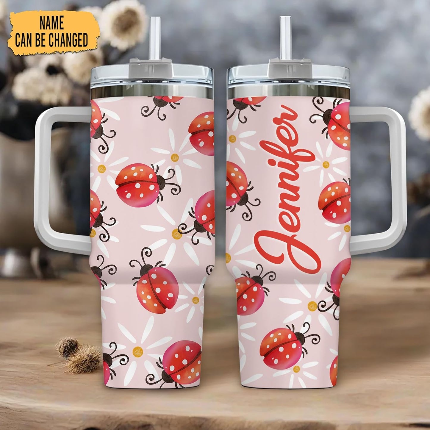 Ladybug Pattern Tumbler 40oz with Handle & Straw – Personalized Stainless Steel Insulated Cup with Lid – Cute Gift for Bug Lovers