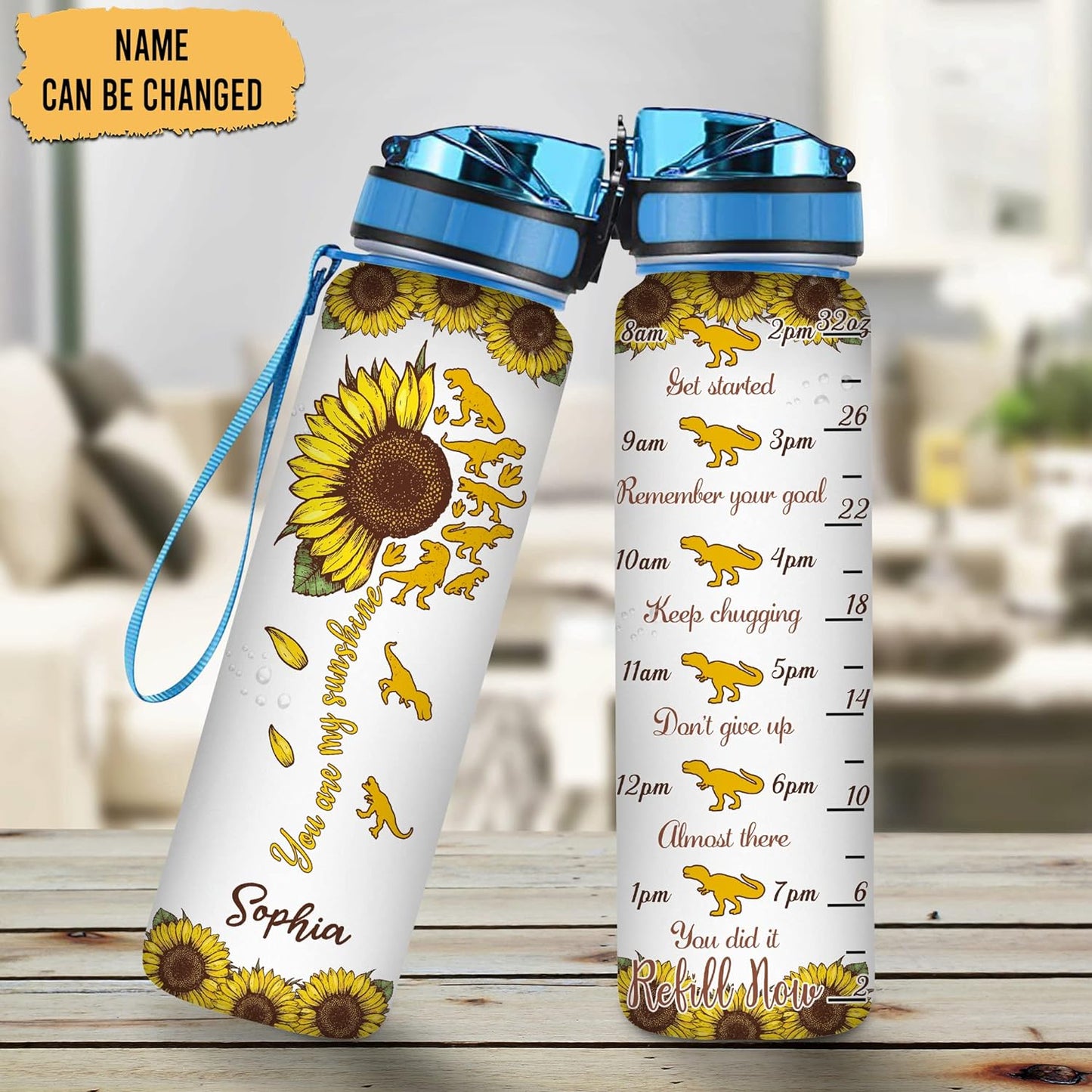 Sunflower Dinosaur Water Bottle Tracker 32oz Personalized – Unique Dino Floral Motivational Bottle – Creative Gift for Women & Kids