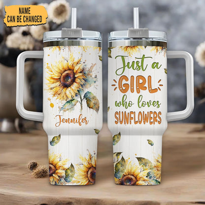 Watercolor Sunflower 40oz Tumbler with Handle & Straw – Personalized Stainless Steel Insulated Travel Cup with Lid – Stylish Floral Gift for Women