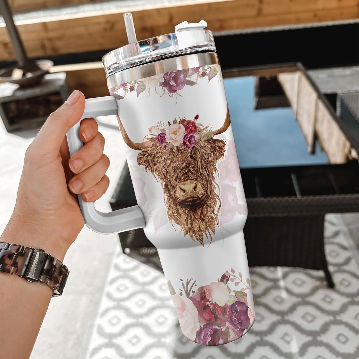 Highland Cow Floral Tumbler 40oz – Personalized Stainless Steel Insulated Cup with Handle & Straw – Unique Gift for Cow Lovers