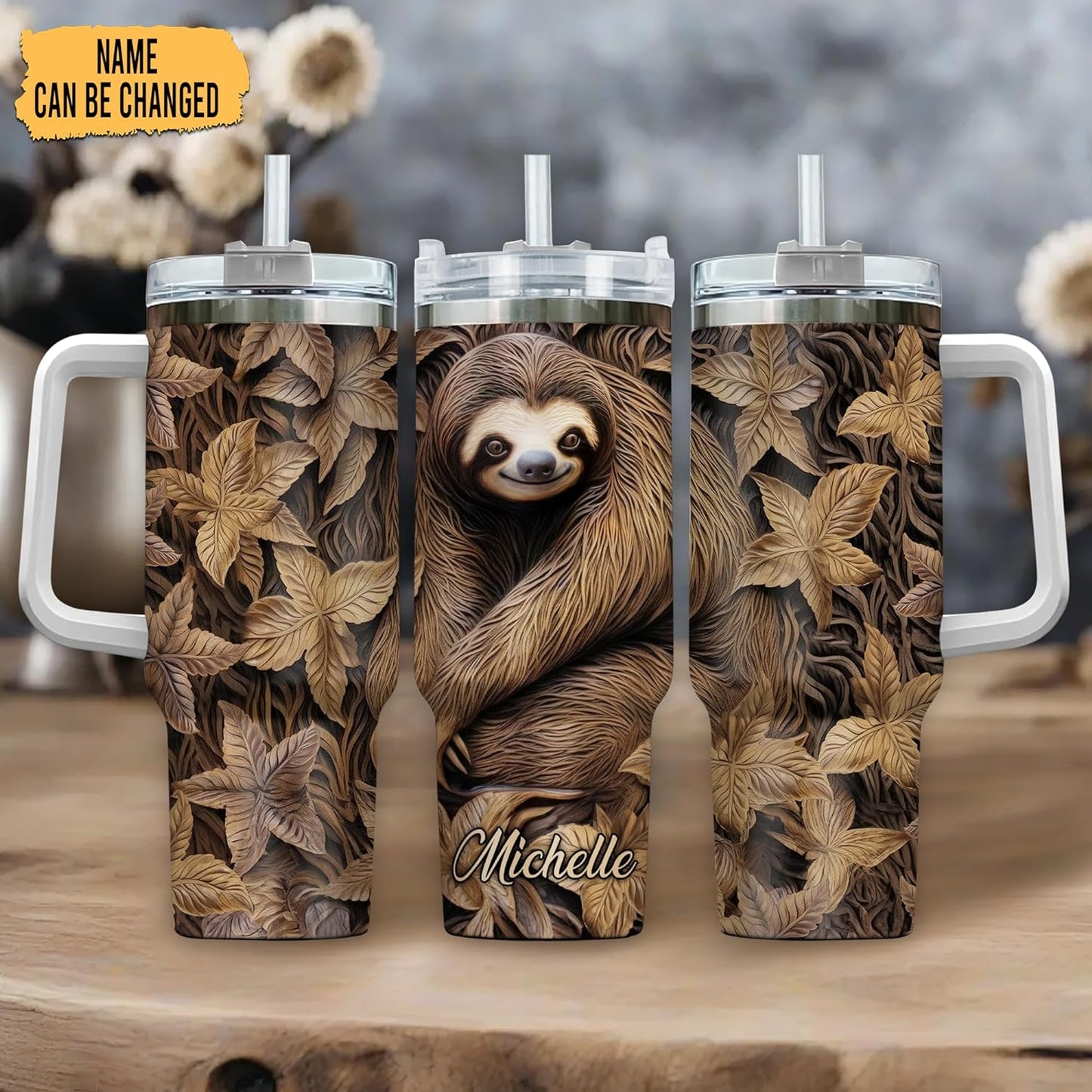Sloth Tumbler 40oz with Handle & Straw – Personalized Stainless Steel Insulated Travel Cup with Lid – Relaxing Gift for Animal Lovers & Women