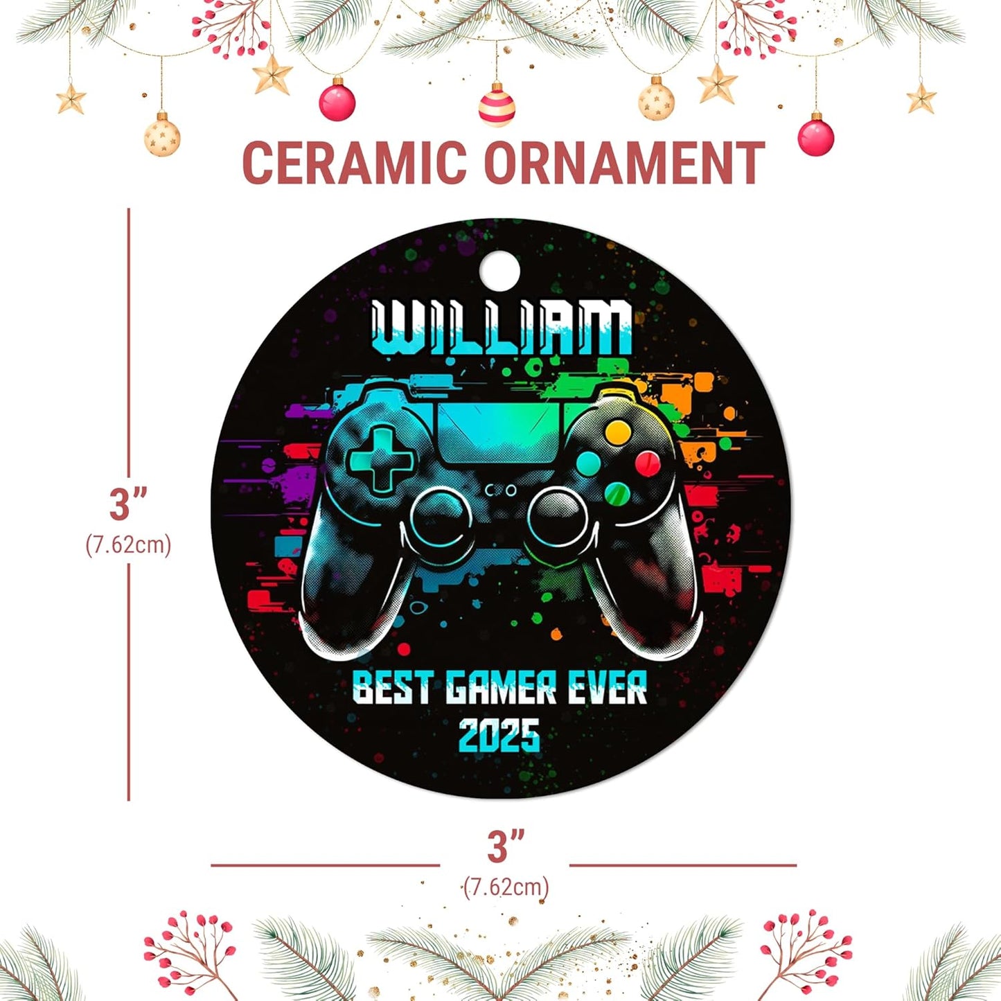 Gamer Controller Neon Ceramic Ornament – Personalized Custom Name Circle Keepsake, Christmas Gift for Boys, Men or Video Game Lover