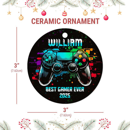 Gamer Controller Neon Ceramic Ornament – Personalized Custom Name Circle Keepsake, Christmas Gift for Boys, Men or Video Game Lover
