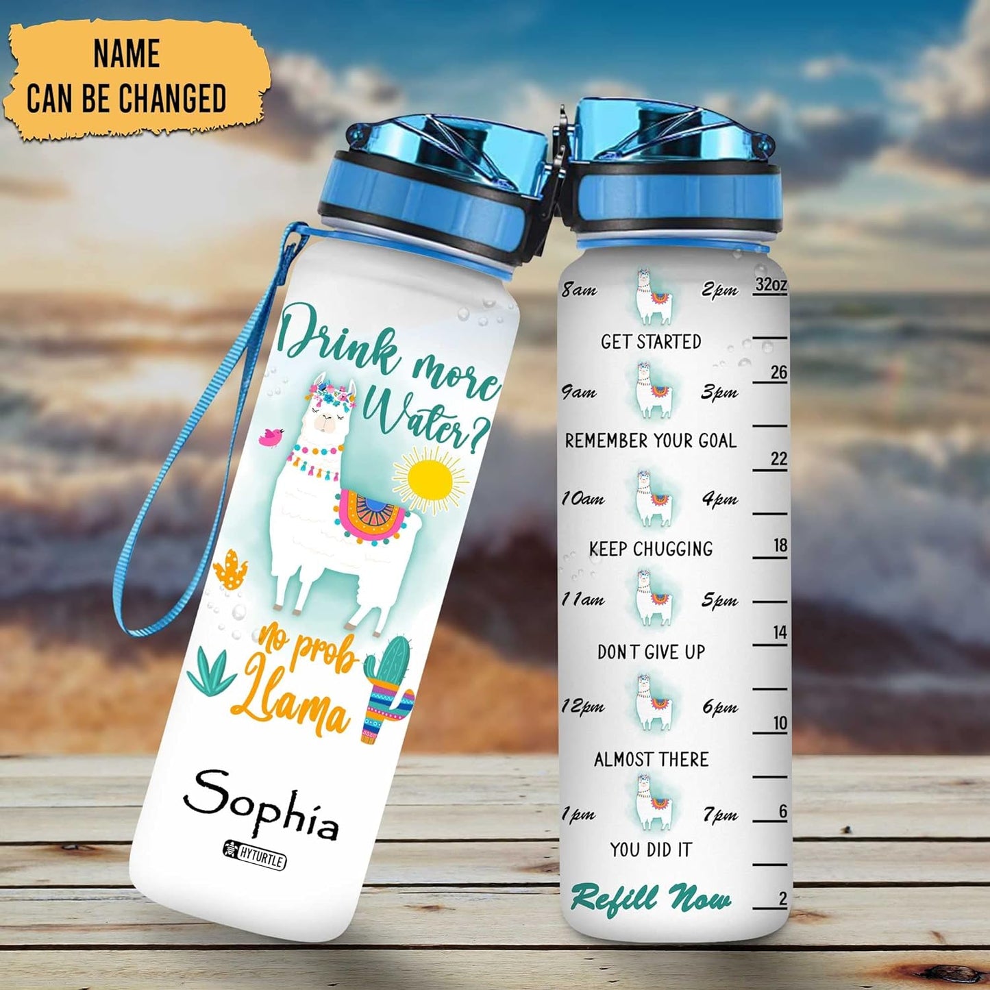 Cute Llama Water Bottle Tracker 32oz – Personalized Hydration Bottle with Time Marker – Fun Gift for Llama Lovers
