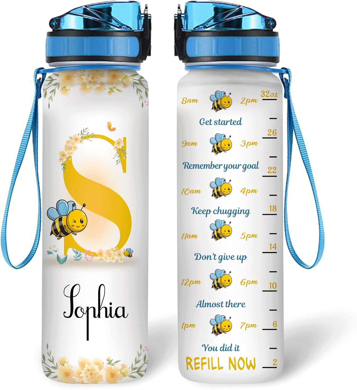 Honey Bee Water Bottle Tracker 32oz – Personalized Daily Bottle with Time Marker – Cute Gift for Women Girls
