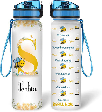 Honey Bee Water Bottle Tracker 32oz – Personalized Daily Bottle with Time Marker – Cute Gift for Women Girls
