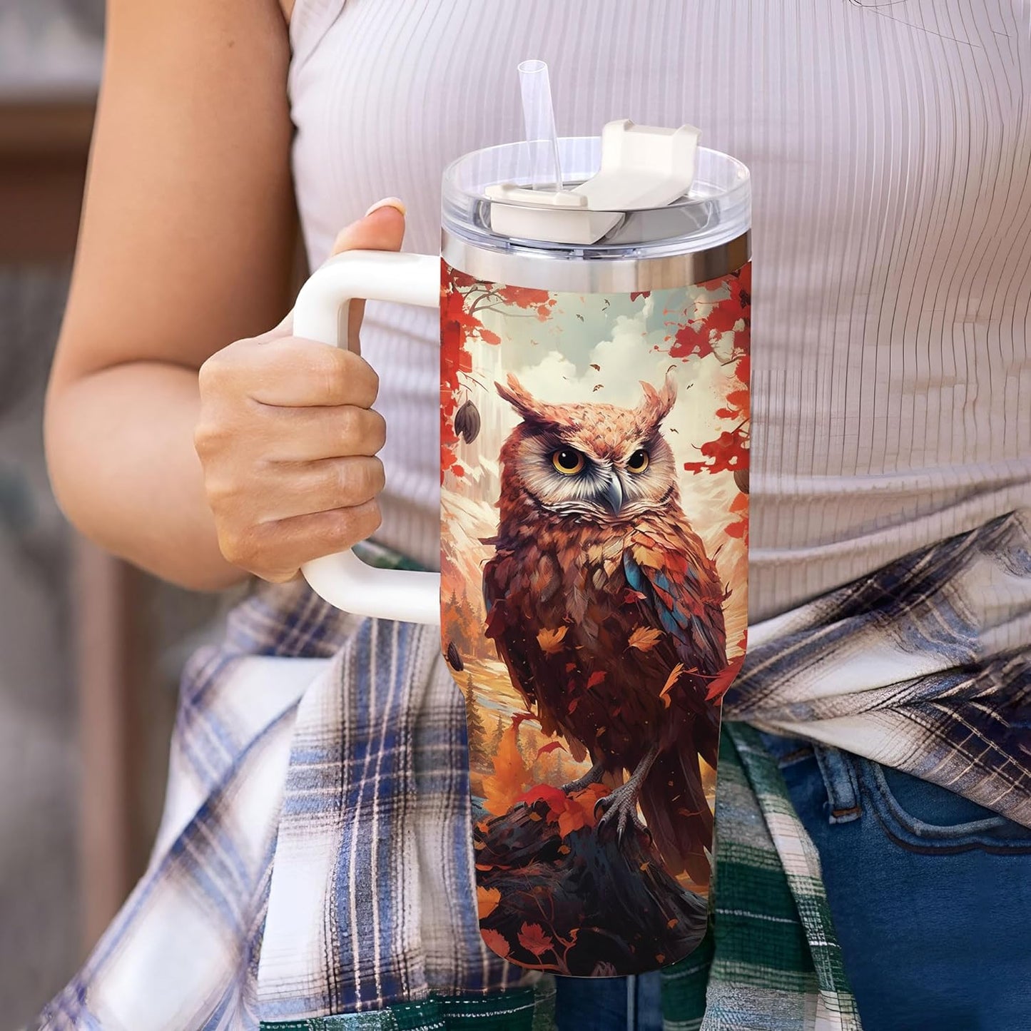 Fall Owl Tumbler 40oz – Personalized Stainless Steel Insulated Travel Cup with Handle & Straw, Leak-Proof Lid – Stylish Autumn Gift for Owl Lovers