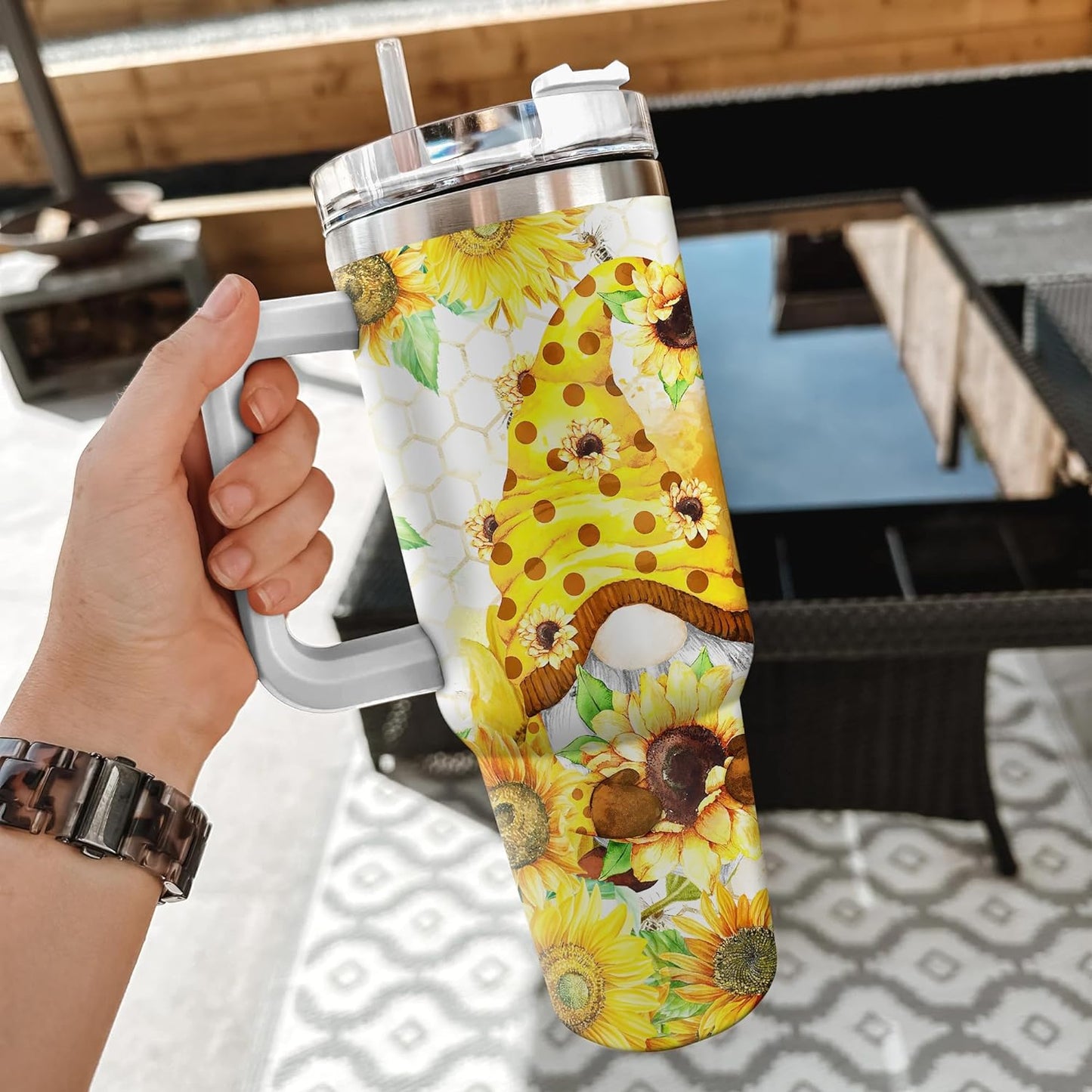 Sunflower Bee Gnome Tumbler 40oz with Handle & Straw – Personalized Stainless Steel Insulated Cup with Lid – Unique Gift for Gnome Lovers