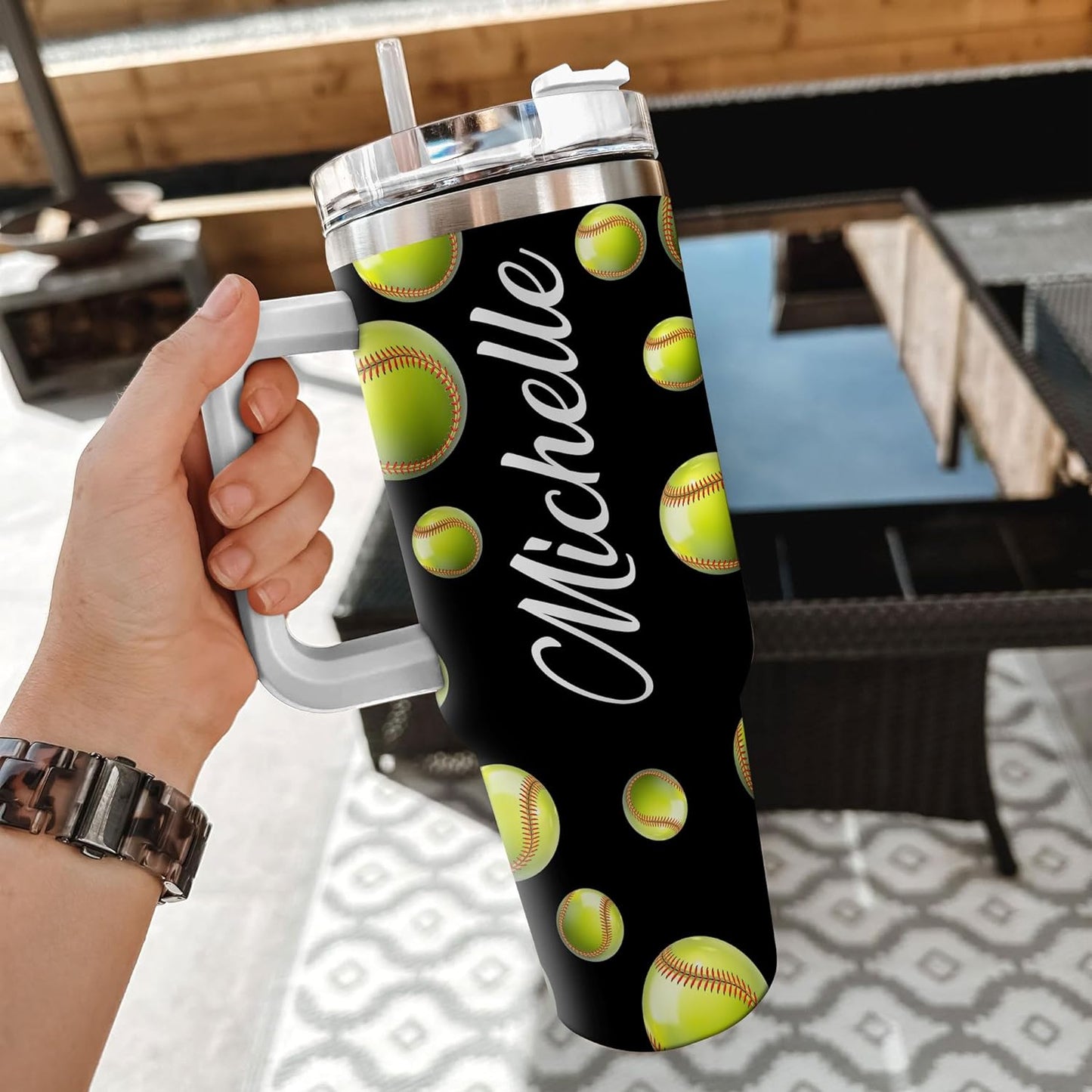 Softball Lover Tumbler 40oz with Handle & Straw – Personalized Stainless Steel Travel Cup with Lid – Unique Gift for Players & Coaches