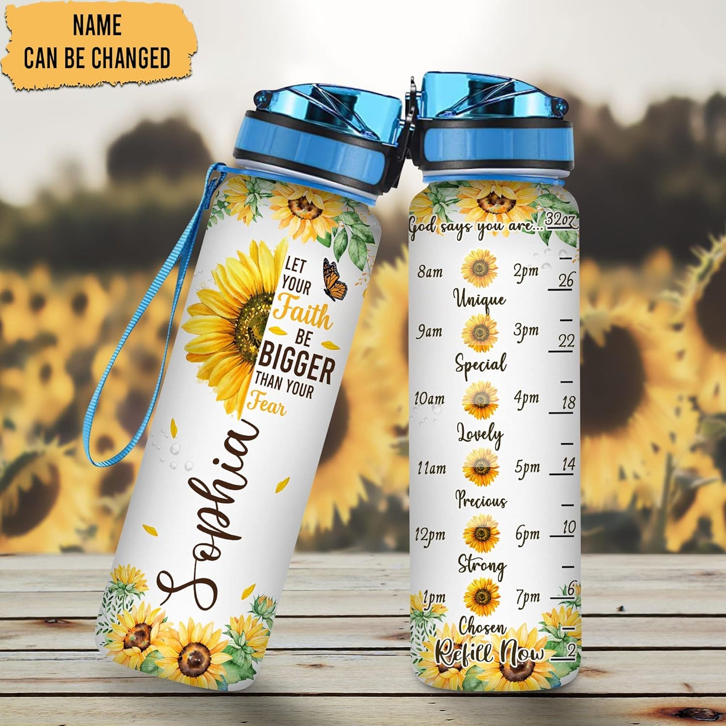 Sunflower Faith Water Bottle Tracker 32oz – Personalized Motivational Bottle with Time Marker – Inspirational Gift for Women