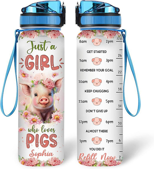 Cute Pig Lovers Water Bottle Tracker 32oz – Personalized Motivational Bottle with Time Marker – Fun Gift for Animal Lovers