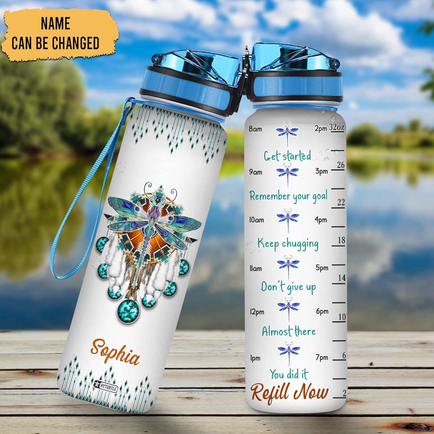 Dreamcatcher Native Dragonfly - Personalized Water Tracker Bottle 32oz