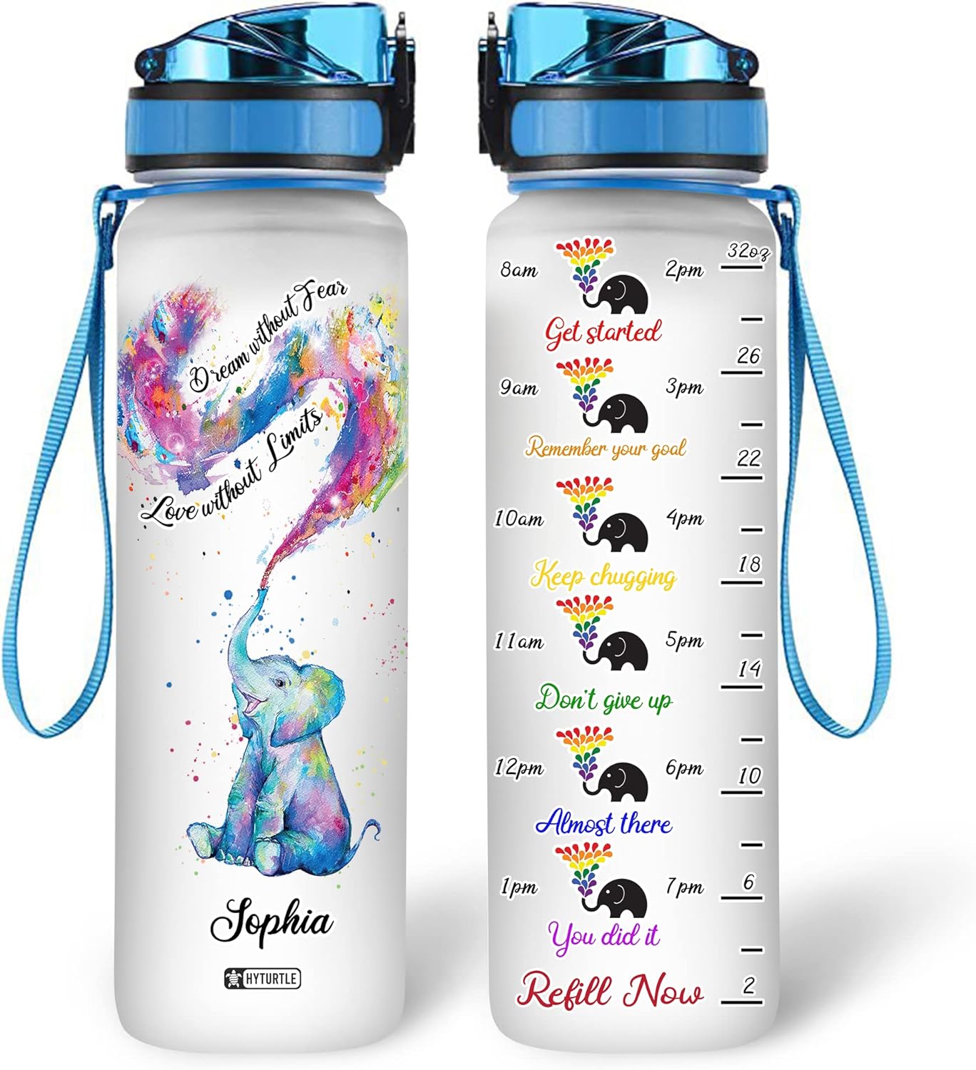 Elephant Rainbow Theme Water Bottle Tracker 32oz – Personalized BPA-Free Bottle with Time Marker – Inspirational Gift for Elephant & LGBT Lovers