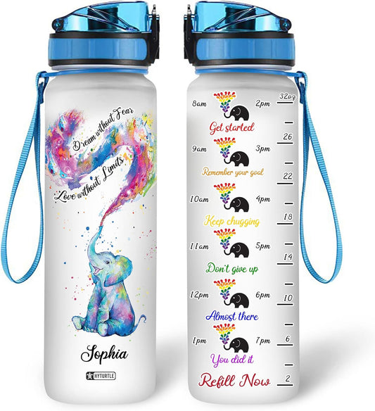 Elephant Rainbow Theme Water Bottle Tracker 32oz – Personalized BPA-Free Bottle with Time Marker – Inspirational Gift for Elephant & LGBT Lovers