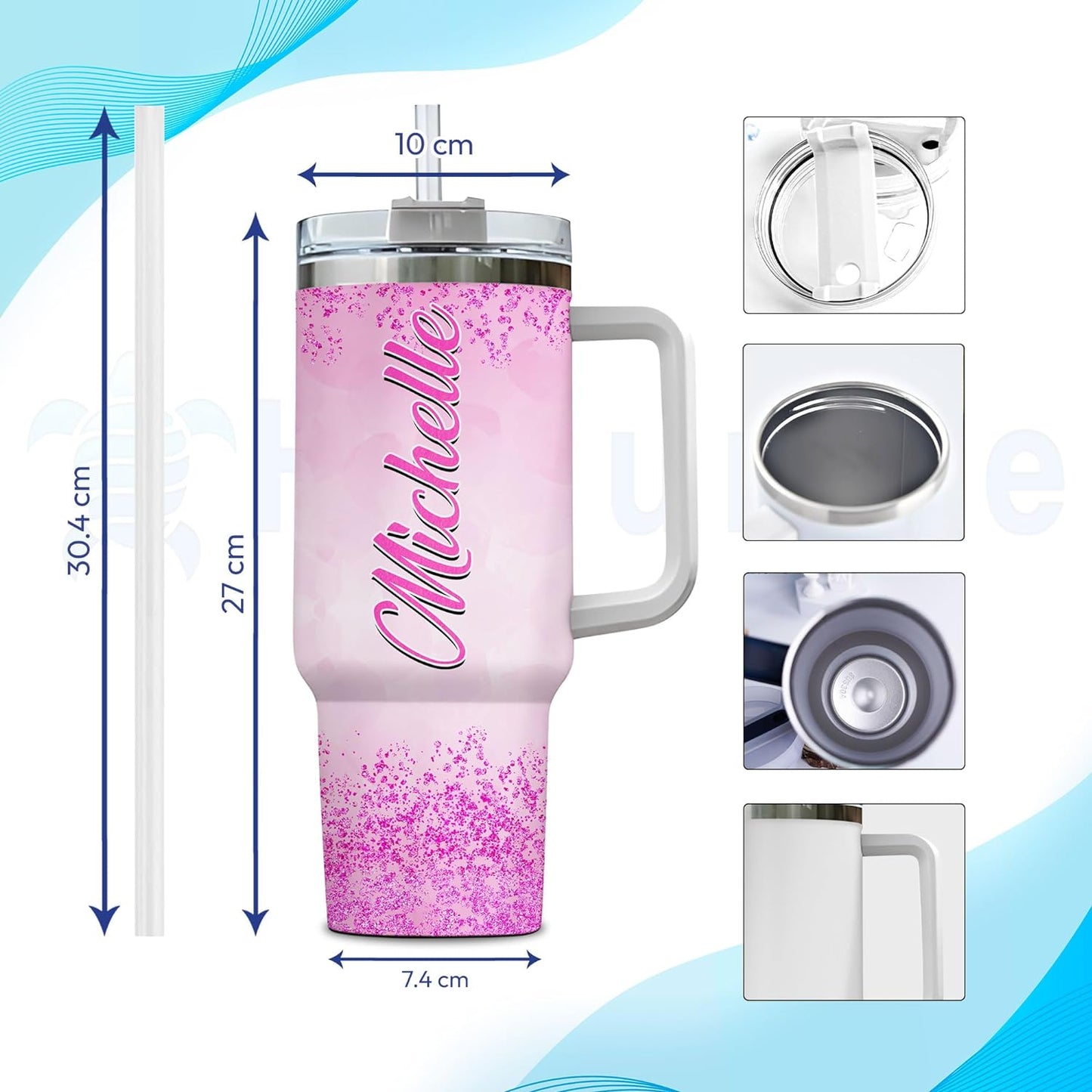 Pink Ribbon Awareness Tumbler 40oz with Handle & Straw – Personalized Stainless Steel Insulated Travel Cup with Lid – Inspirational Gift for Women