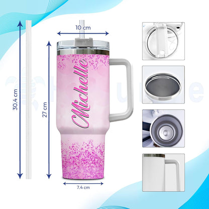 Pink Ribbon Awareness Tumbler 40oz with Handle & Straw – Personalized Stainless Steel Insulated Travel Cup with Lid – Inspirational Gift for Women