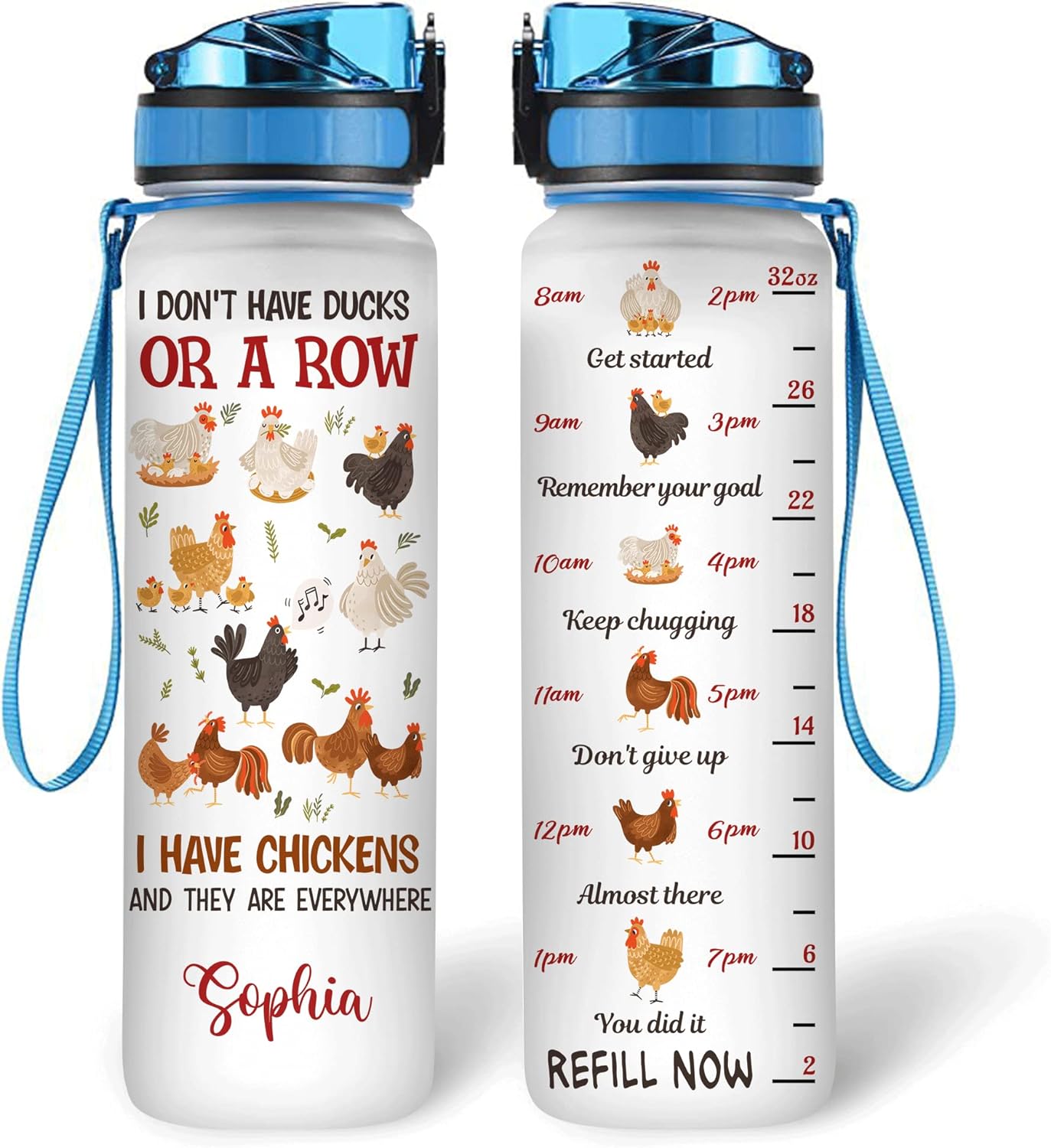 Chicken Water Bottle Tracker 32oz Personalized – Funny Farm-Themed Hydration Bottle with Time Marker – Perfect Gift for Chicken Lovers