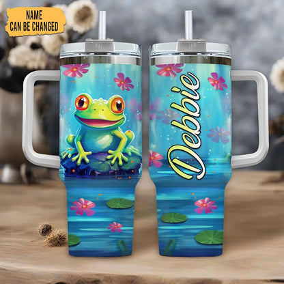 Frog Lover Tumbler 40oz with Handle & Straw – Personalized Stainless Steel Insulated Travel Cup with Lid – Cute Gift for Animal Lovers & Kids