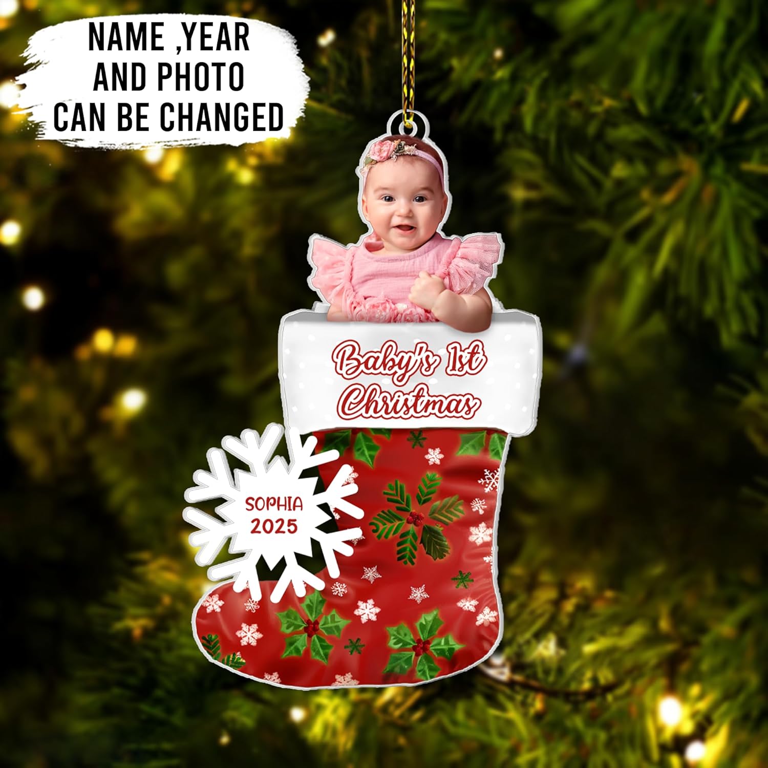 Baby’s First Christmas Stocking Cut Acrylic Ornament – Personalized Photo Keepsake Gift for New Parents, Girl or Boy, Nursery and Tree Decor