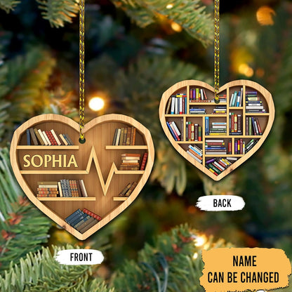Bookshelf Heartbeat Wood Ornament – Personalized Christmas Gift for Teacher, Librarian, or Book Lover
