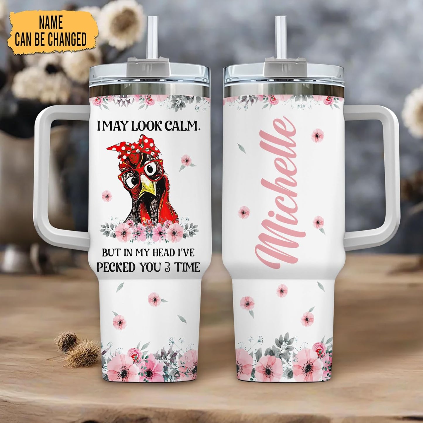 Funny Chicken Attitude Tumbler 40oz with Handle & Straw – Personalized Stainless Steel Insulated Travel Cup with Lid – Unique Gift for Farm Animal Lovers