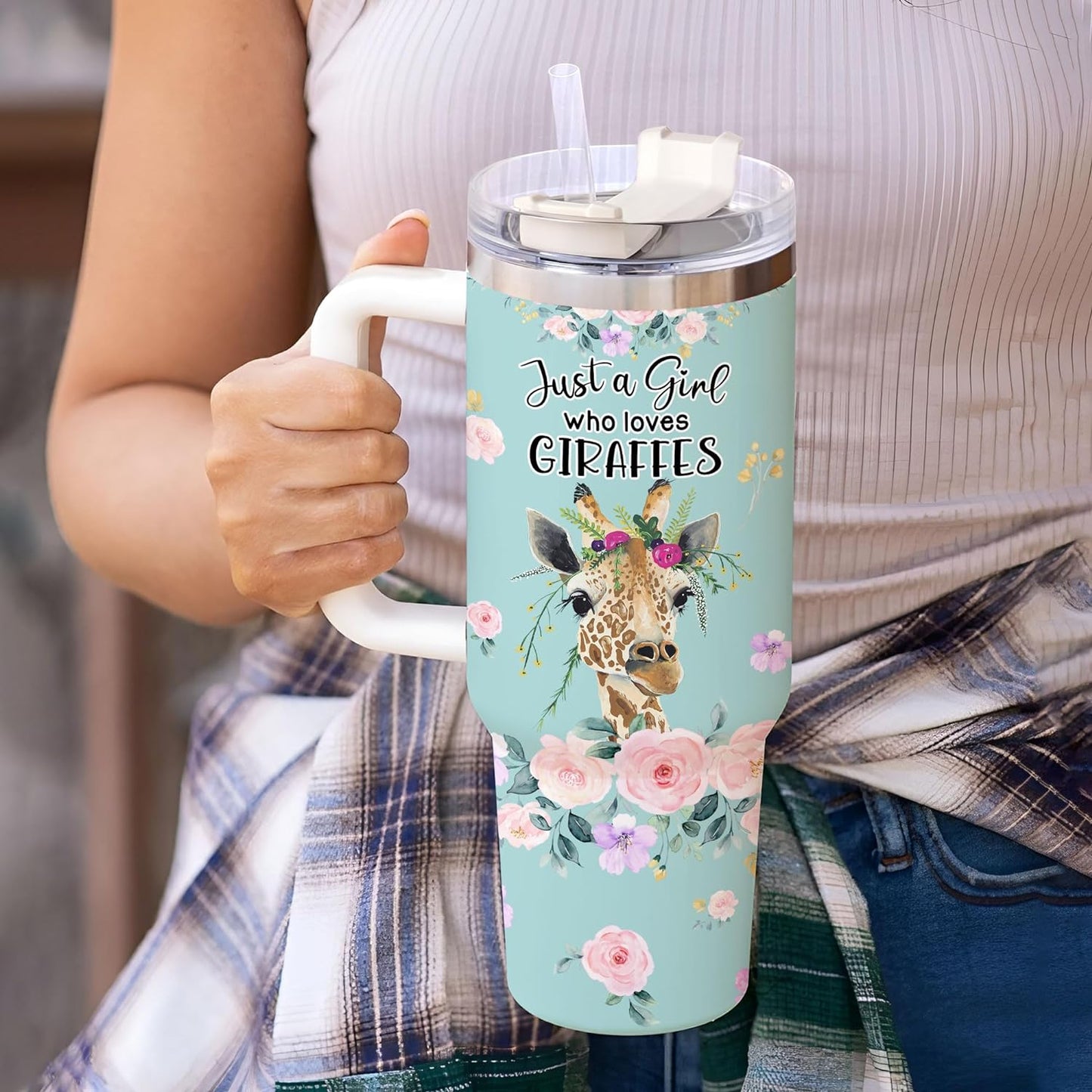 Giraffe Tumbler 40oz with Handle & Straw – Personalized Stainless Steel Insulated Travel Cup with Lid – Unique Gift for Animal Lovers