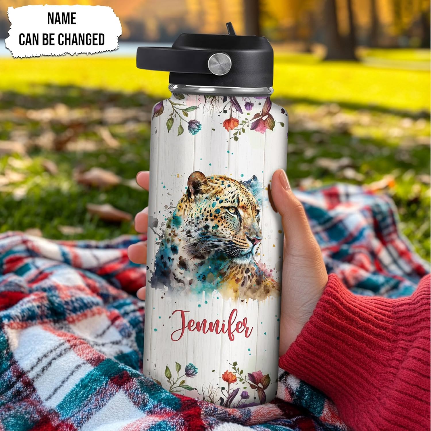 Wild Leopard Water Bottle 32oz – Personalized Stainless Steel Insulated Bottle with Leak-Proof Lid – Stylish Gift for Leopard Lovers